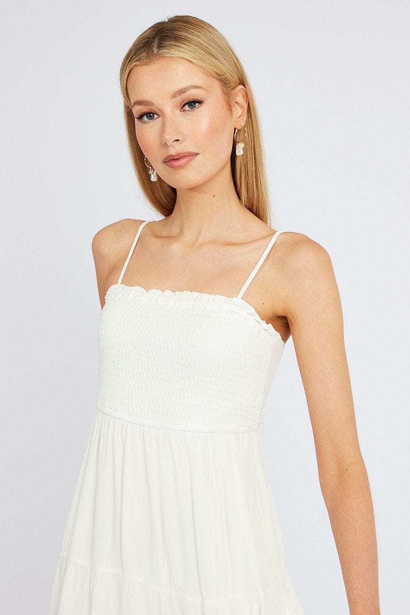 White Midi Dress Sleeveless Shirred Tie Back for Ally Fashion