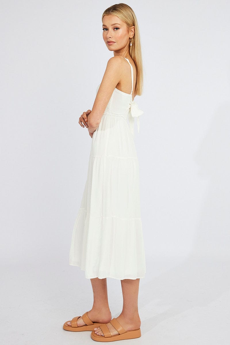 White Midi Dress Sleeveless Shirred Tie Back for Ally Fashion