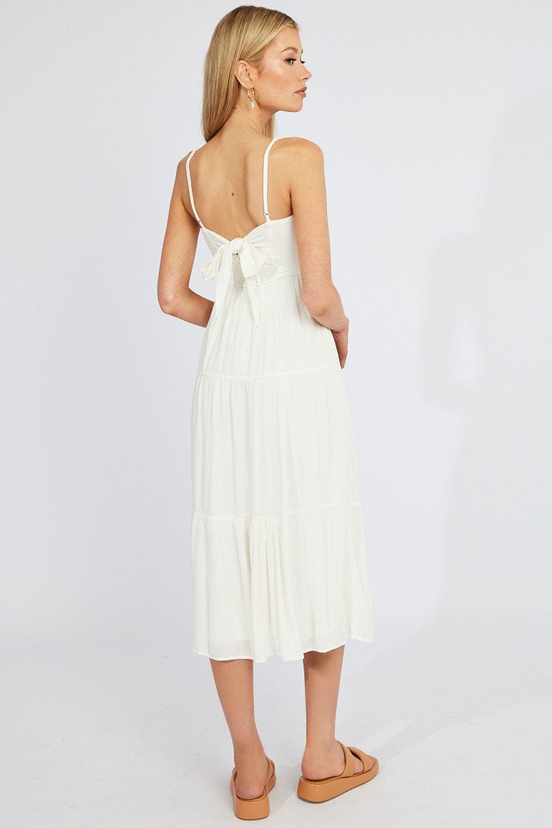 White Midi Dress Sleeveless Shirred Tie Back for Ally Fashion