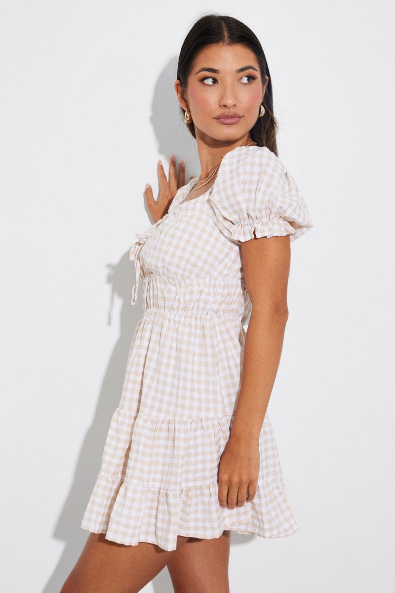 Beige Check Fit and Flare Dress Short Sleeve Tiered for Ally Fashion