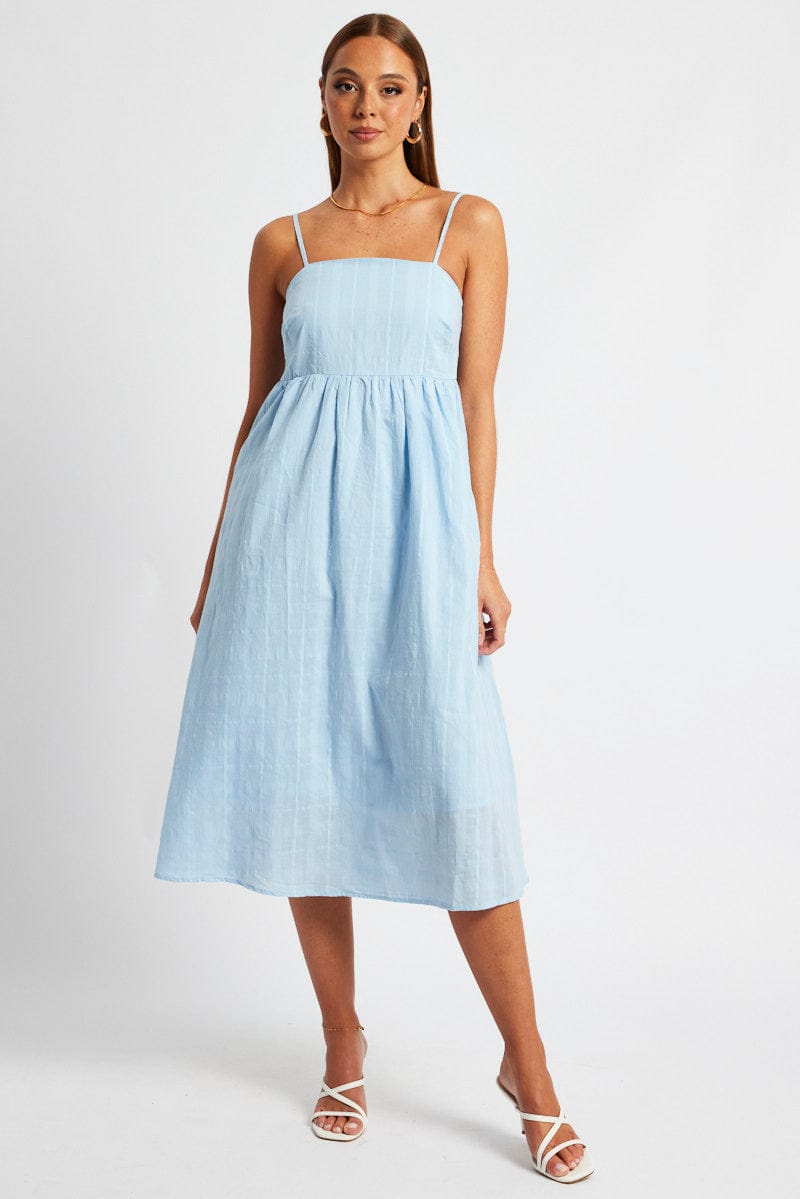 Blue Midi Dress Sleeveless Self Check for Ally Fashion