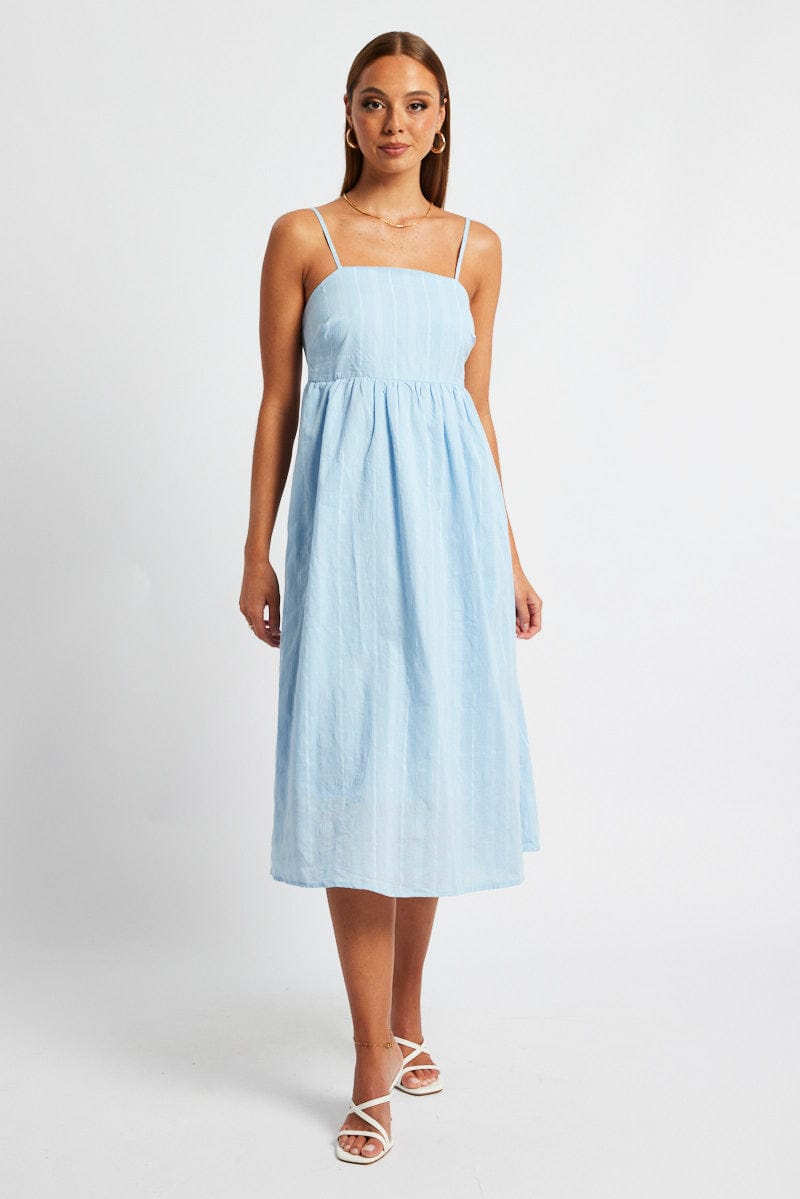 Blue Midi Dress Sleeveless Self Check for Ally Fashion