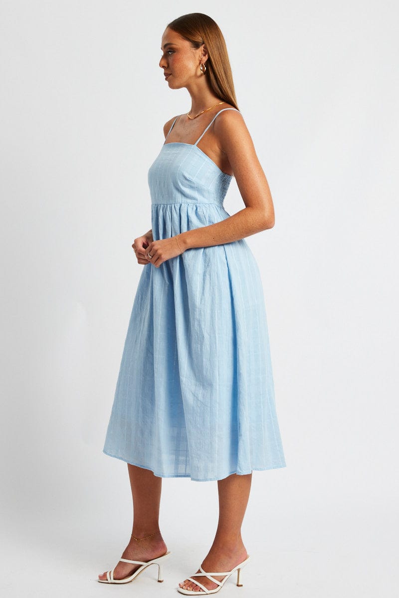 Blue Midi Dress Sleeveless Self Check for Ally Fashion