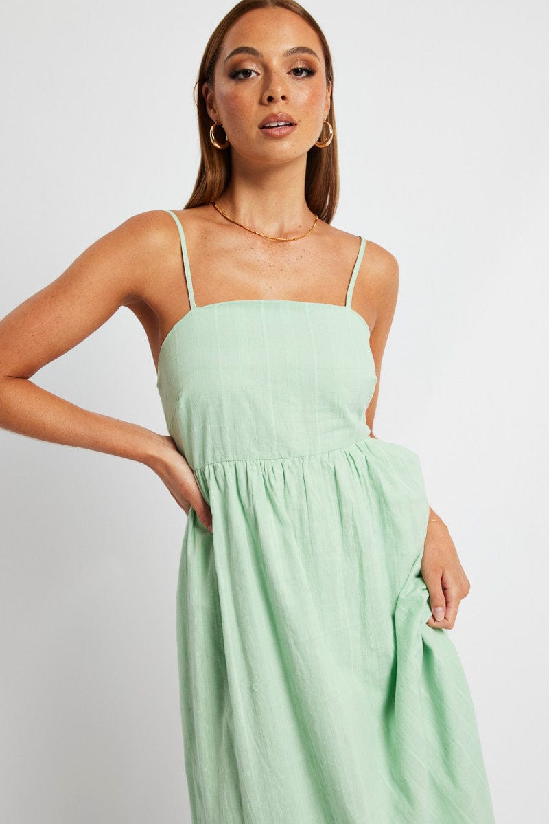 Green Midi Dress Sleeveless Self Check for Ally Fashion