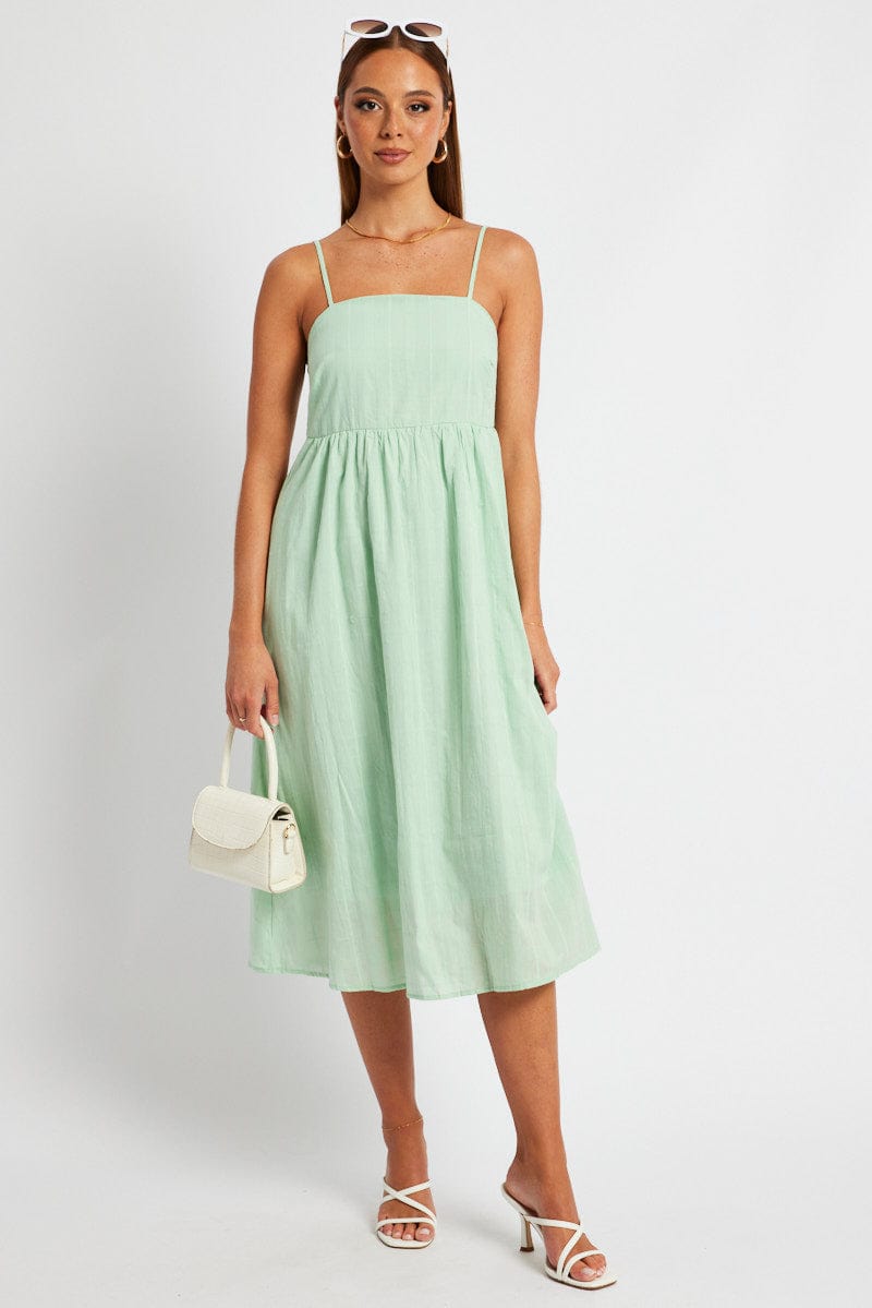 Green Midi Dress Sleeveless Self Check for Ally Fashion