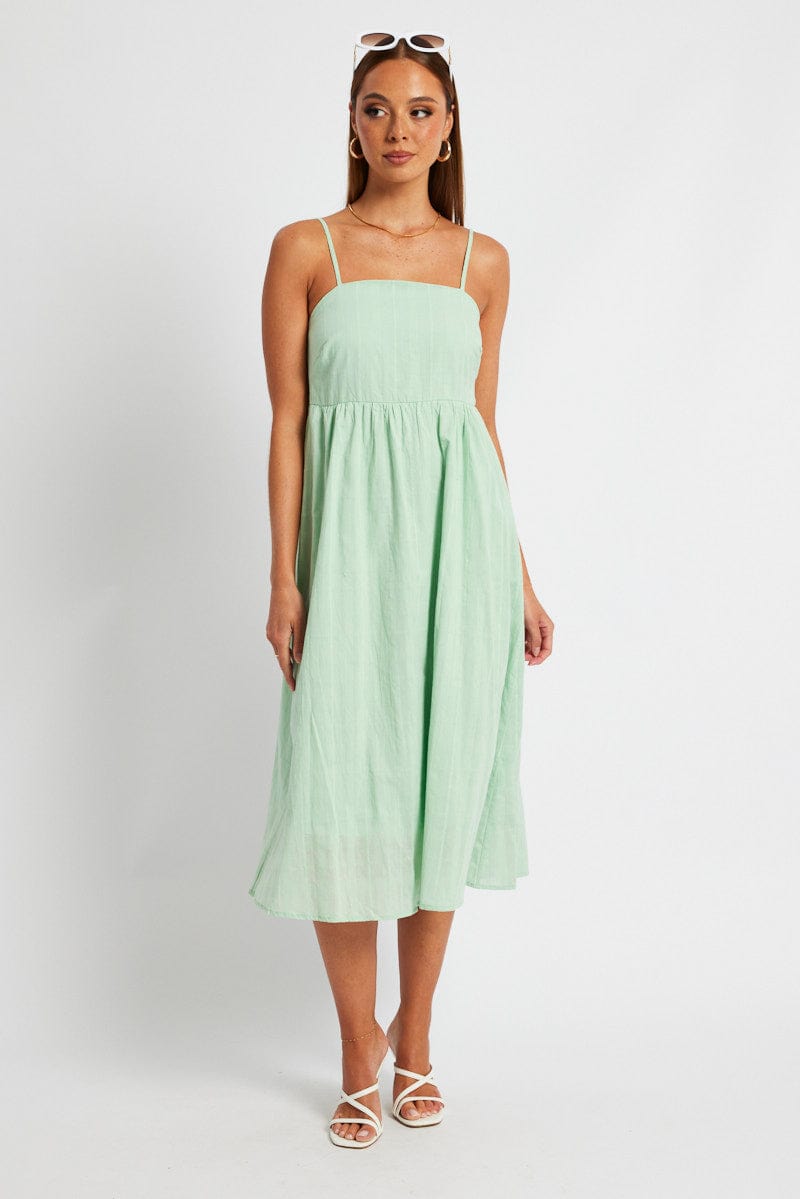 Green Midi Dress Sleeveless Self Check for Ally Fashion