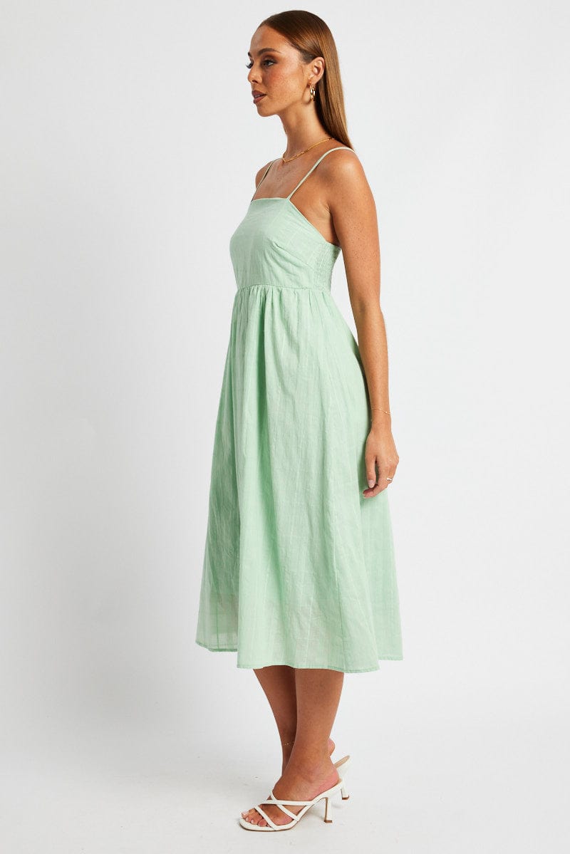 Green Midi Dress Sleeveless Self Check for Ally Fashion