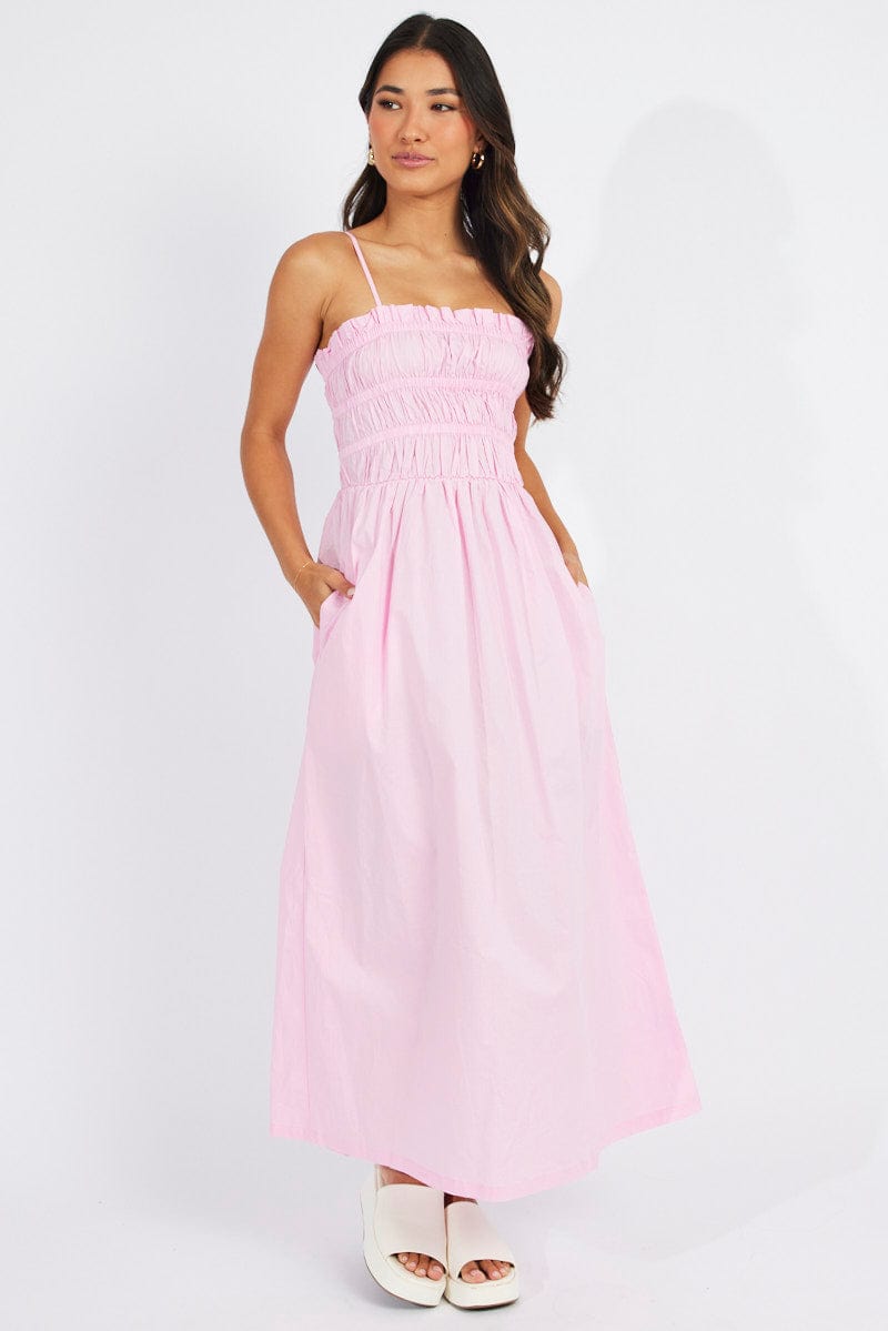 Pink Maxi Dress Sleeveless Shirred for Ally Fashion