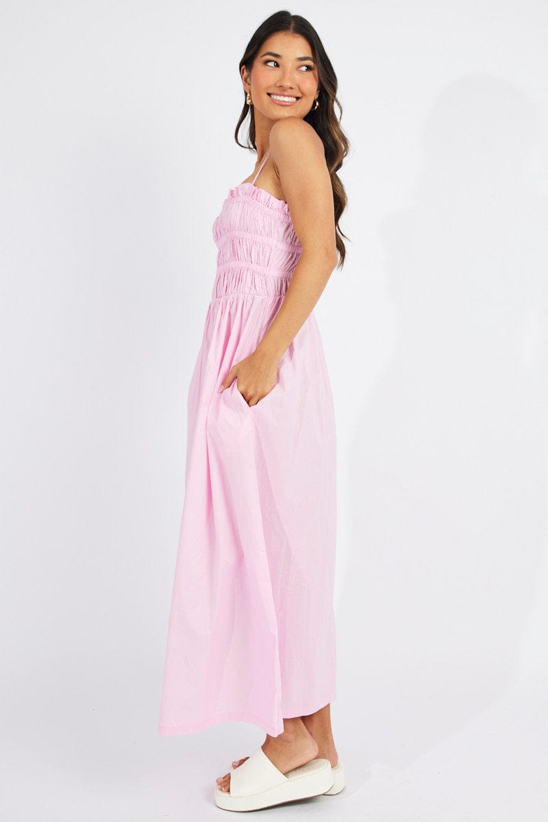 Pink Maxi Dress Sleeveless Shirred for Ally Fashion