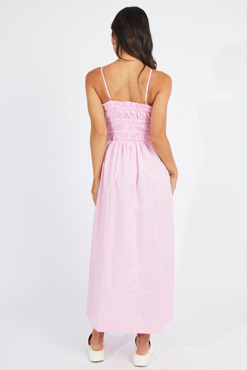 Pink Maxi Dress Sleeveless Shirred for Ally Fashion