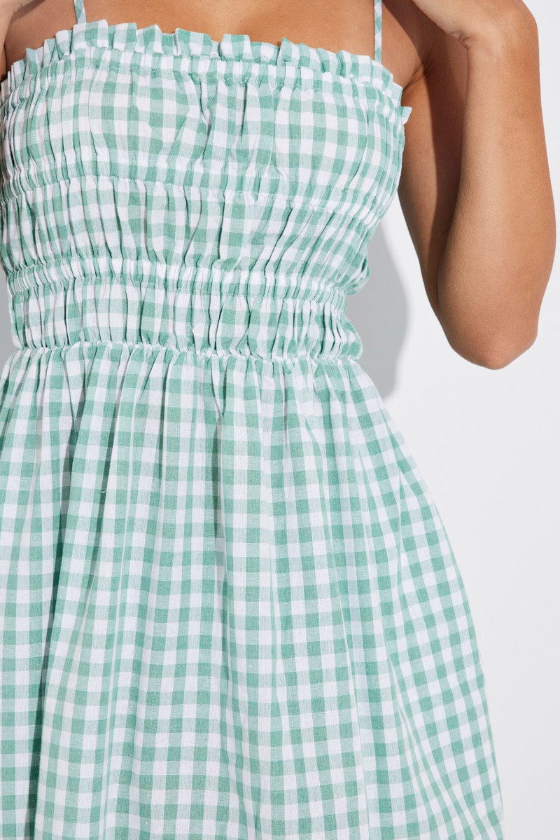 Green Check Maxi Dress Sleeveless Shirred for Ally Fashion