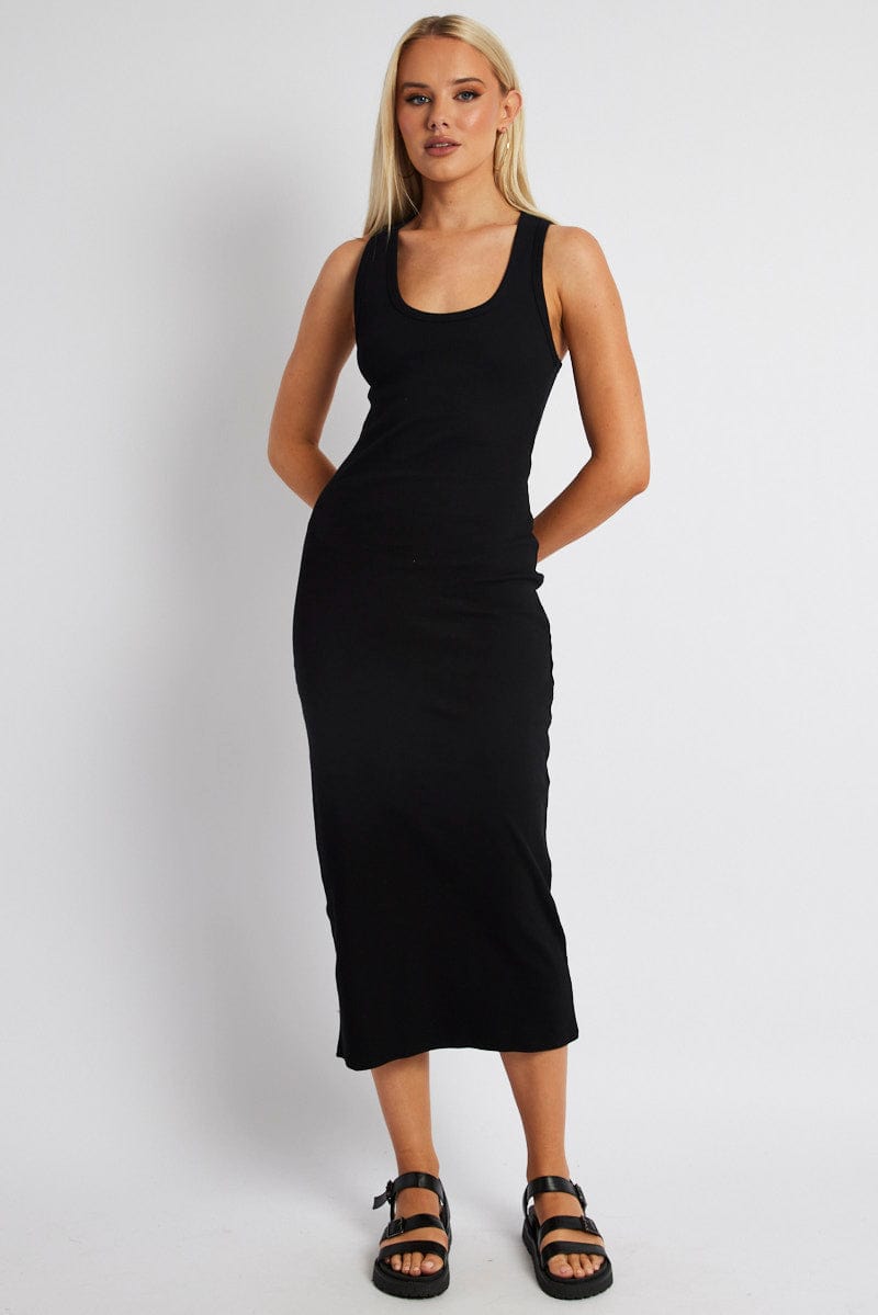 Black Bodycon Dress Sleeveless Midi Rib | Ally Fashion