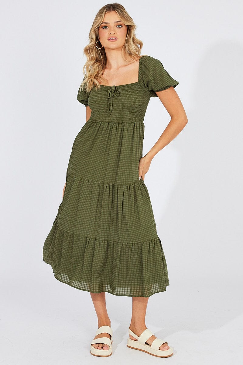 Green Midi Dress Short Sleeve Shirred for Ally Fashion