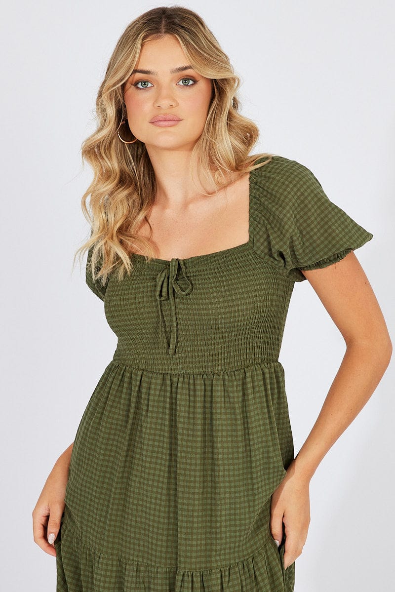 Green Midi Dress Short Sleeve Shirred for Ally Fashion