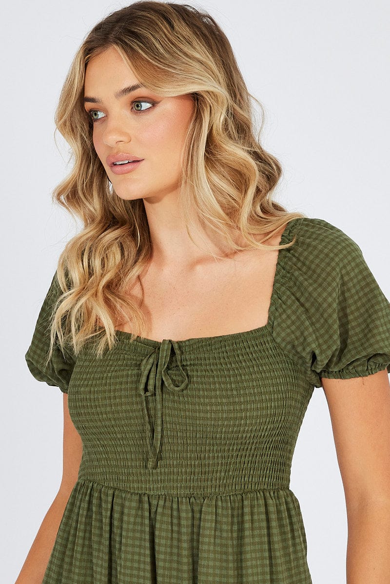 Green Midi Dress Short Sleeve Shirred for Ally Fashion