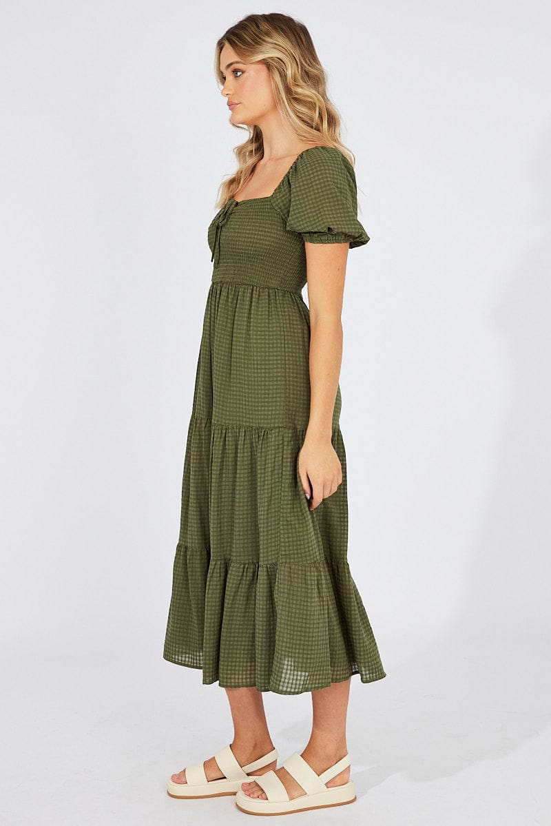 Green Midi Dress Short Sleeve Shirred for Ally Fashion