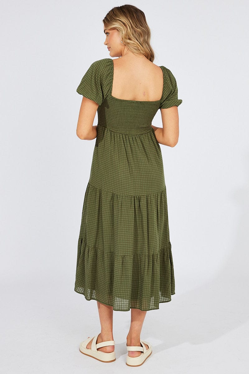 Green Midi Dress Short Sleeve Shirred for Ally Fashion