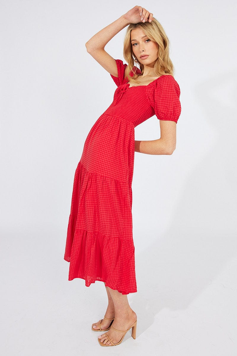 Red Midi Dress Short Sleeve Shirred for Ally Fashion