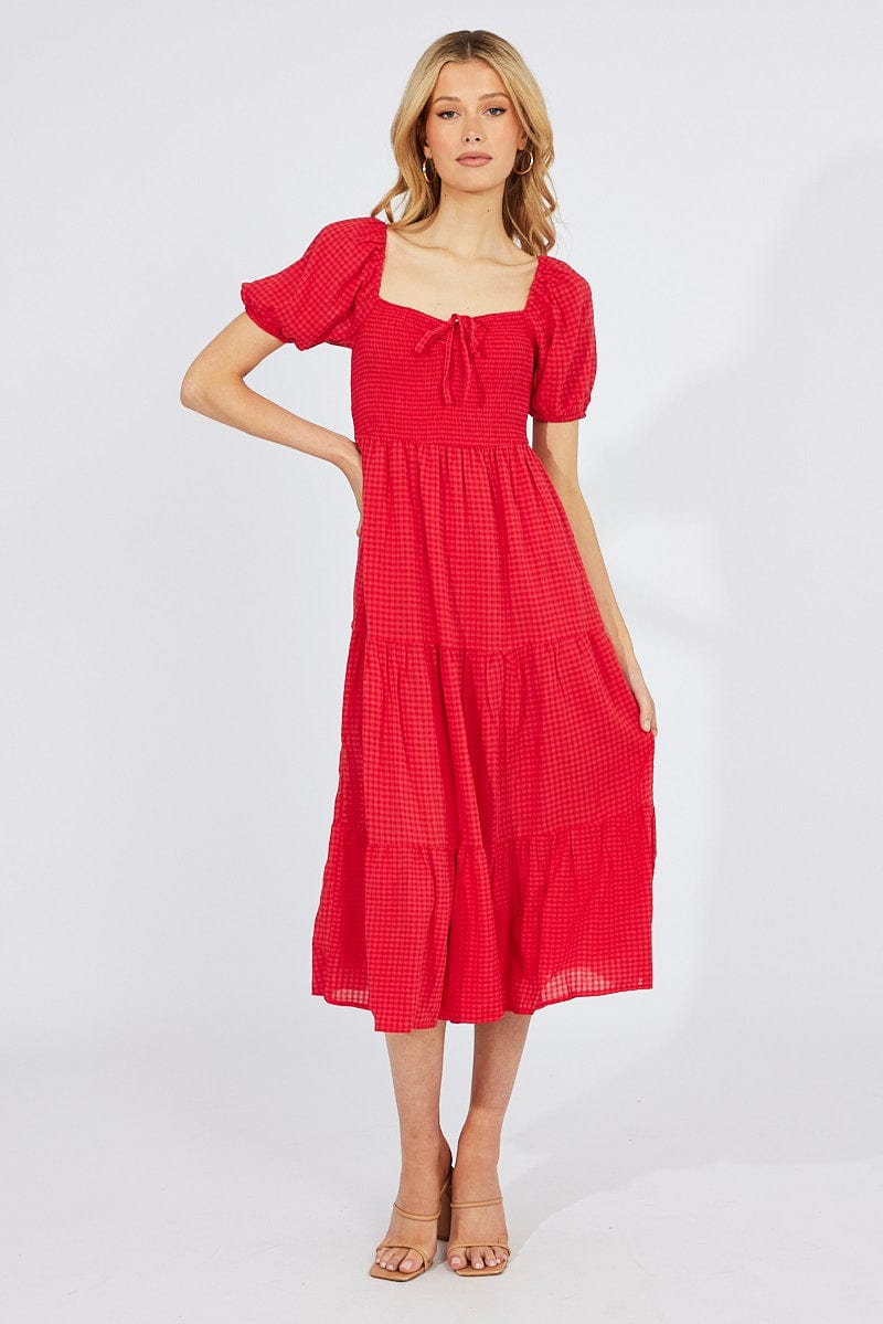 Red Midi Dress Short Sleeve Shirred for Ally Fashion