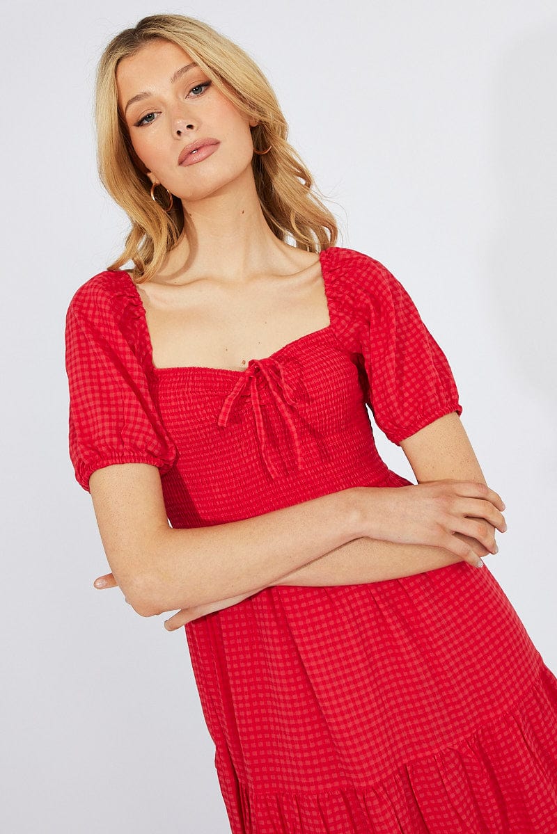 Red Midi Dress Short Sleeve Shirred for Ally Fashion