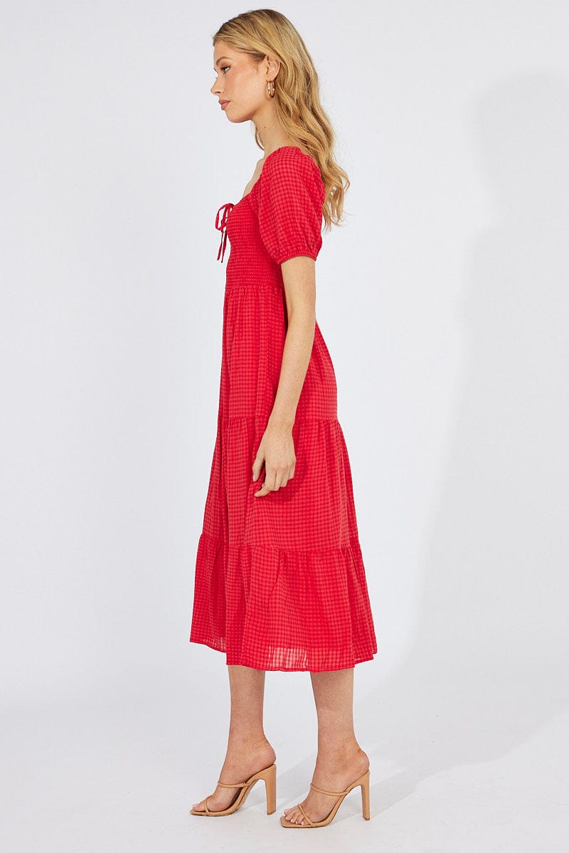 Red Midi Dress Short Sleeve Shirred for Ally Fashion