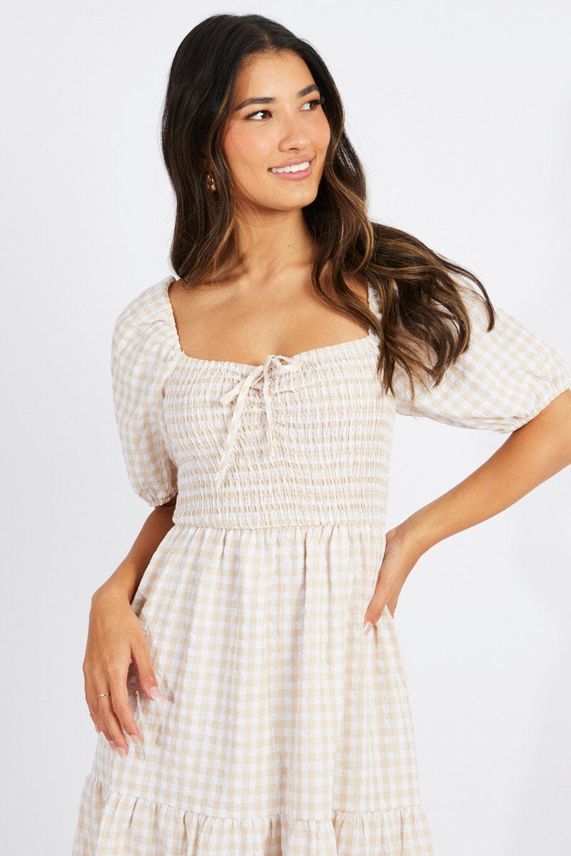 Beige Check Maxi Dress Short Sleeve Shirred for Ally Fashion