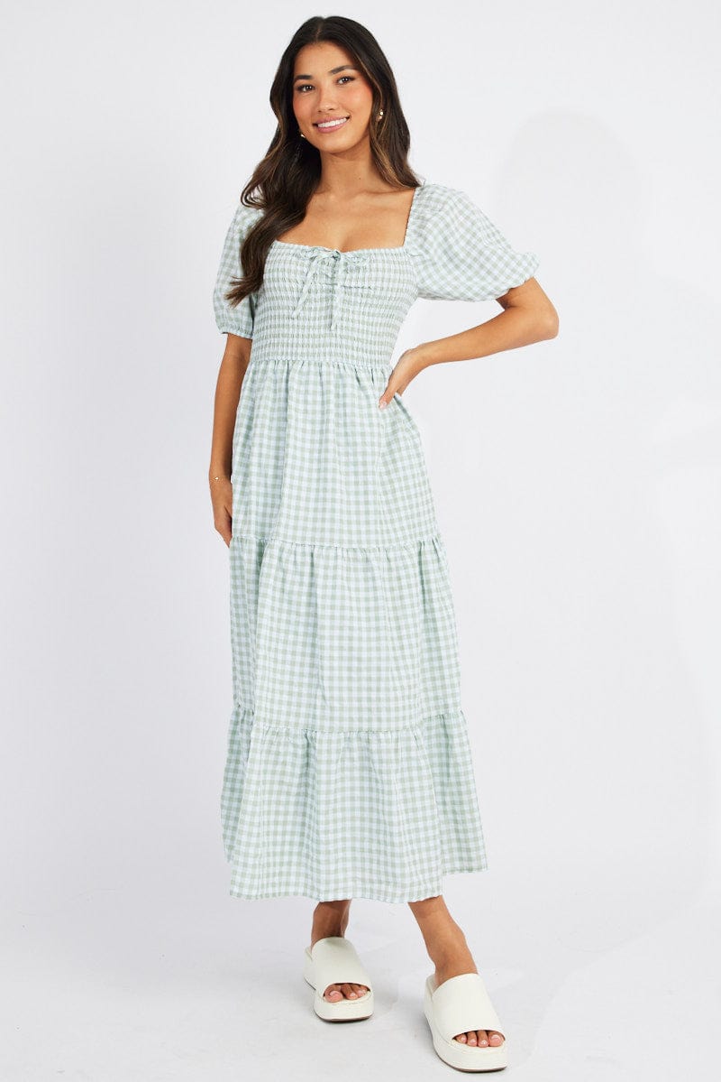 Green Check Maxi Dress Short Sleeve Shirred for Ally Fashion