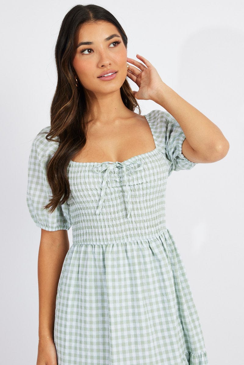 Green Check Maxi Dress Short Sleeve Shirred for Ally Fashion