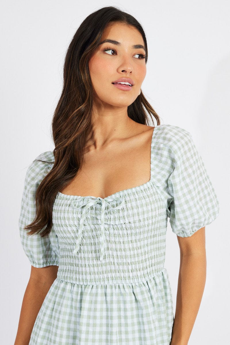 Green Check Maxi Dress Short Sleeve Shirred for Ally Fashion