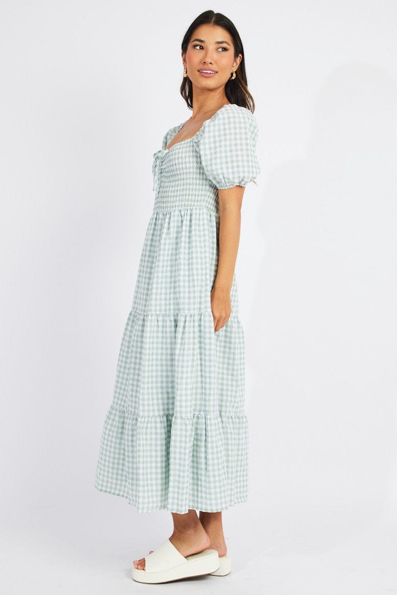 Green Check Maxi Dress Short Sleeve Shirred for Ally Fashion