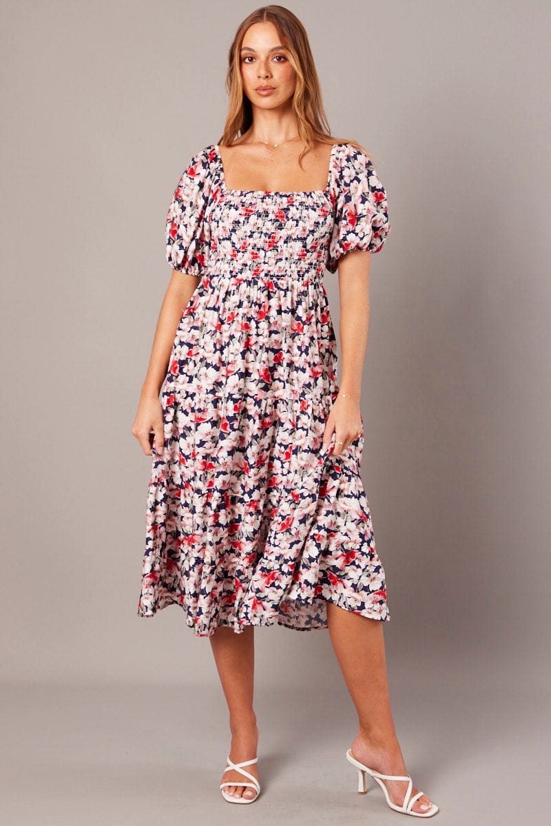 Blue Floral Midi Dress Puff Sleeve Shirred Bust for Ally Fashion