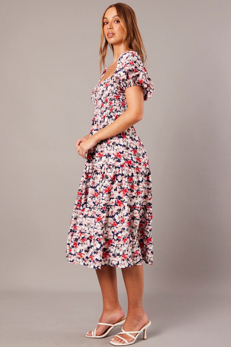 Blue Floral Midi Dress Puff Sleeve Shirred Bust for Ally Fashion
