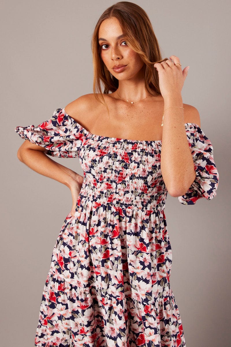 Blue Floral Midi Dress Puff Sleeve Shirred Bust for Ally Fashion