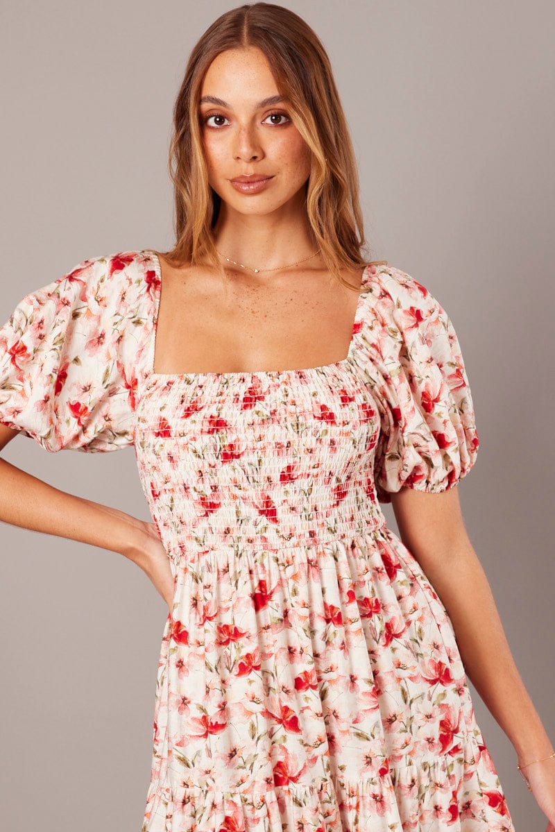 White Floral Midi Dress Puff Sleeve Shirred Bust for Ally Fashion