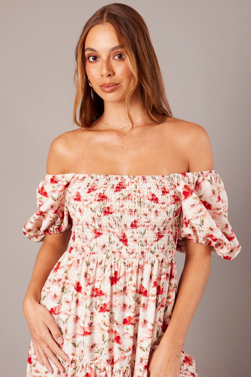 White Floral Midi Dress Puff Sleeve Shirred Bust for Ally Fashion