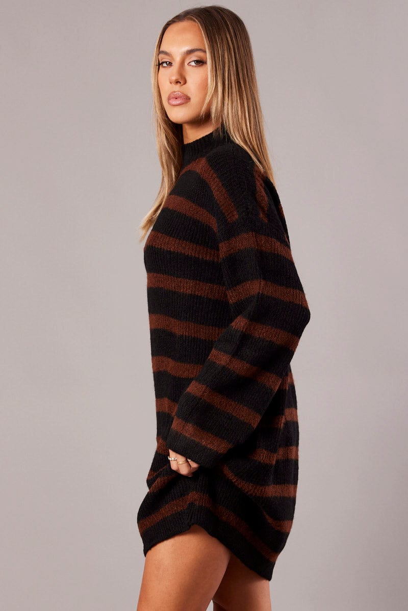 Brown Stripe Knit Jumper Dress Mini for Ally Fashion