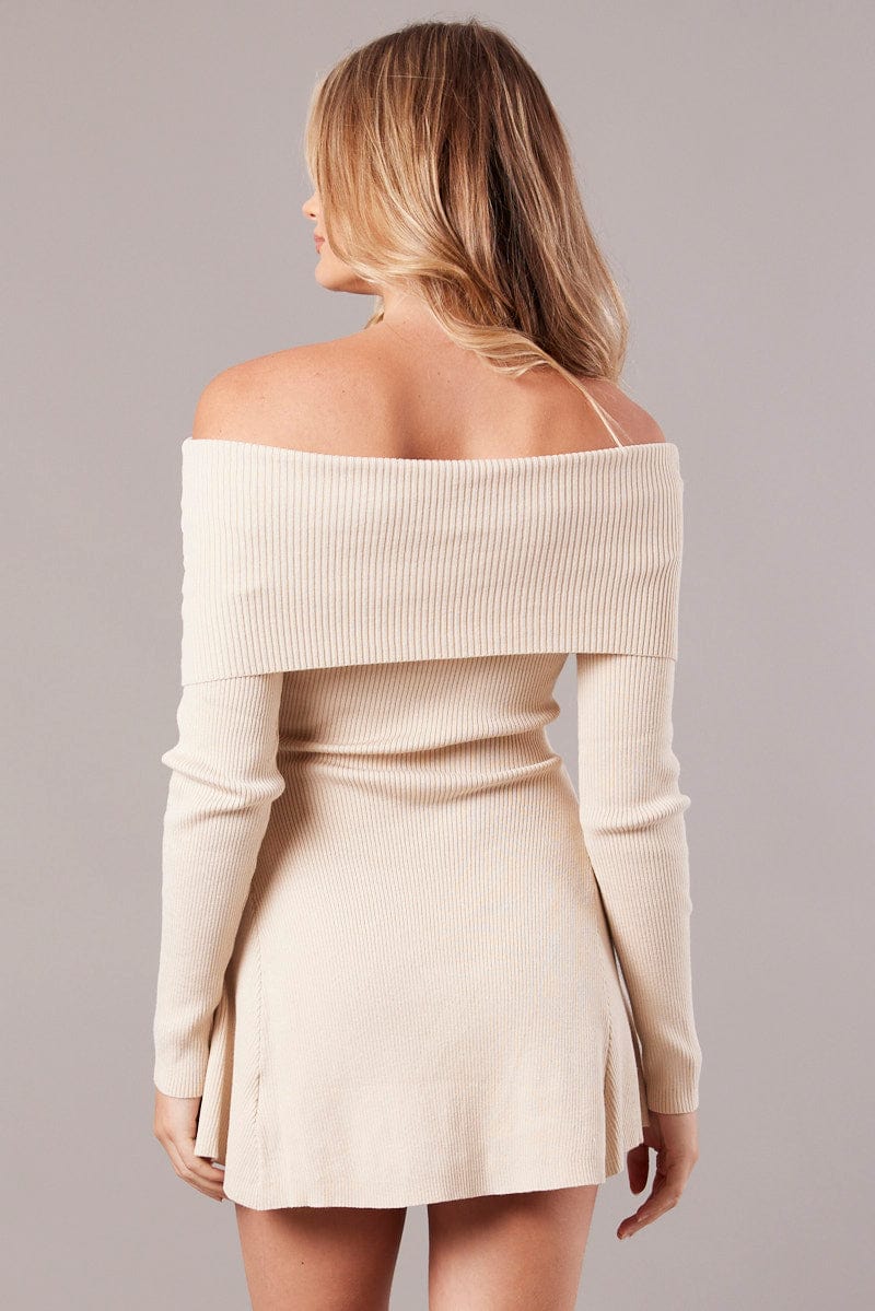 Beige Knit Dress Long Sleeve Off Shoulder for Ally Fashion