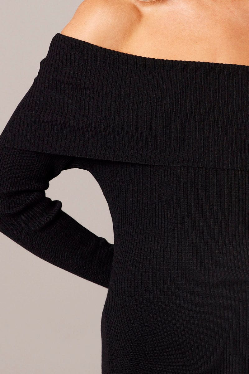 Black Knit Dress Long Sleeve Off Shoulder for Ally Fashion
