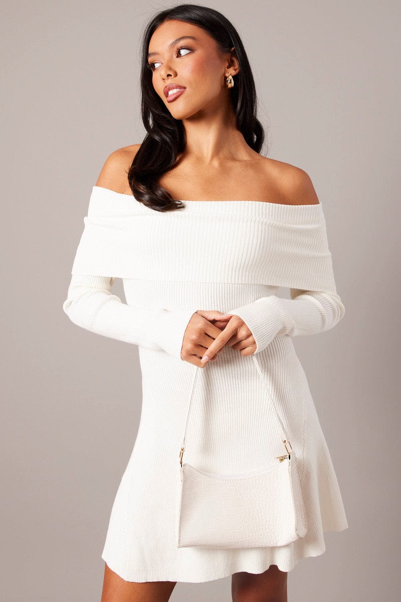 White Knit Dress Long Sleeve Off Shoulder for Ally Fashion