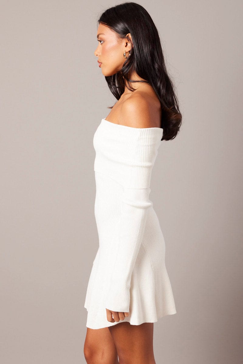 White Knit Dress Long Sleeve Off Shoulder | Ally Fashion White Knit Dress Long Sleeve Off Shoulder | Ally Fashion