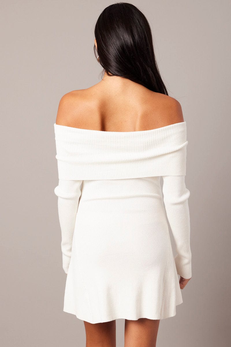 White Knit Dress Long Sleeve Off Shoulder for Ally Fashion