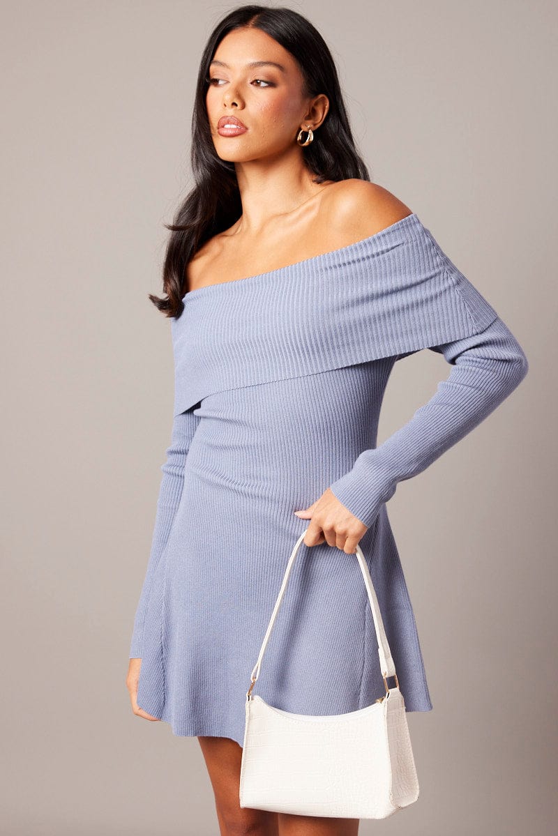 Blue Knit Dress Long Sleeve Off Shoulder for Ally Fashion