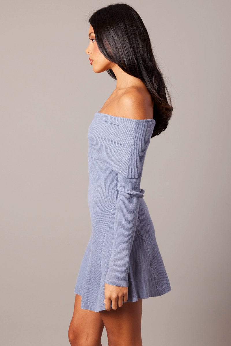 Blue Knit Dress Long Sleeve Off Shoulder for Ally Fashion