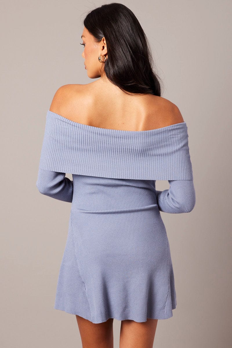 Blue Knit Dress Long Sleeve Off Shoulder for Ally Fashion