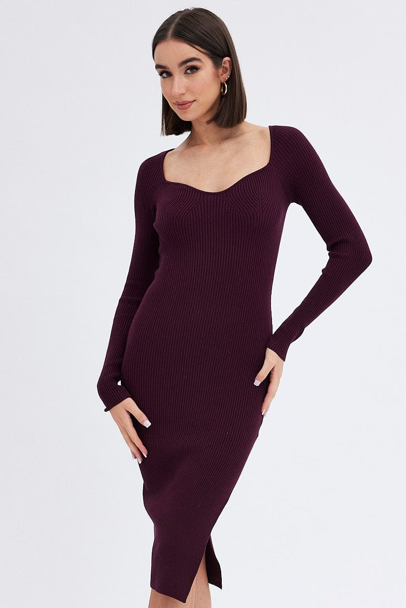 Brown Knit Dress Sweetheart Neck Long Sleeve Midi for Ally Fashion