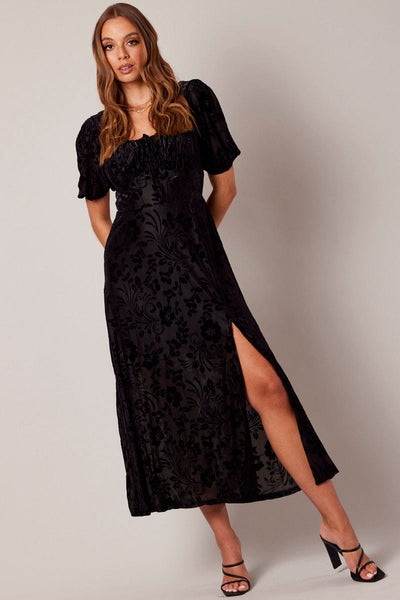 black side split midi dress Onyx Side Slit Midi Dress  Something By Sonjia