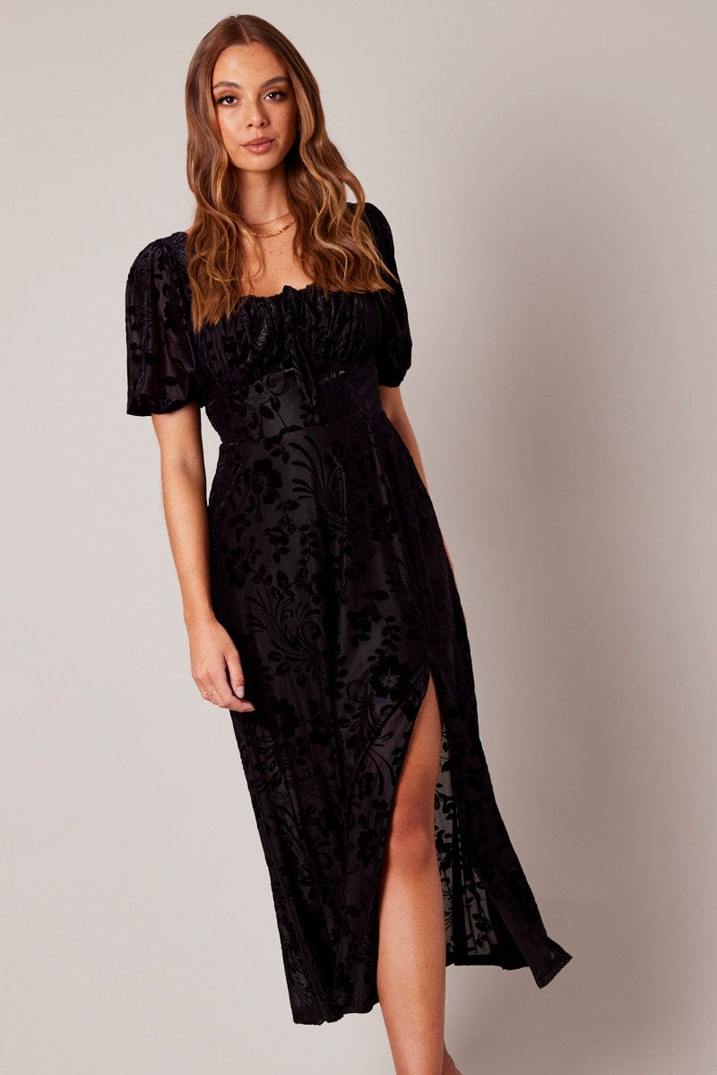 Black Midi Dress Short Sleeve Side Split | Ally Fashion Black Midi Dress Short Sleeve Side Split | Ally Fashion