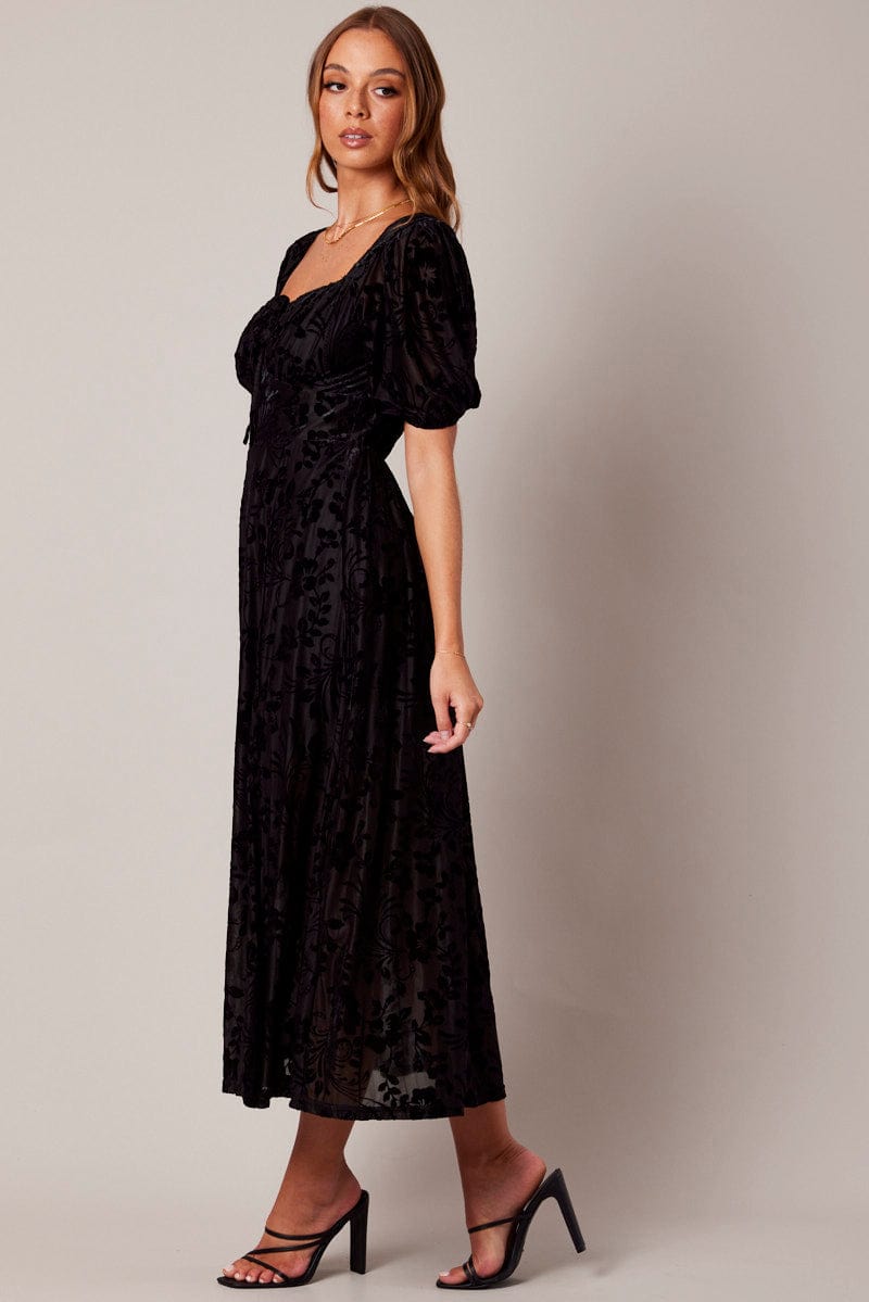 Black Midi Dress Short Sleeve Side Split for Ally Fashion