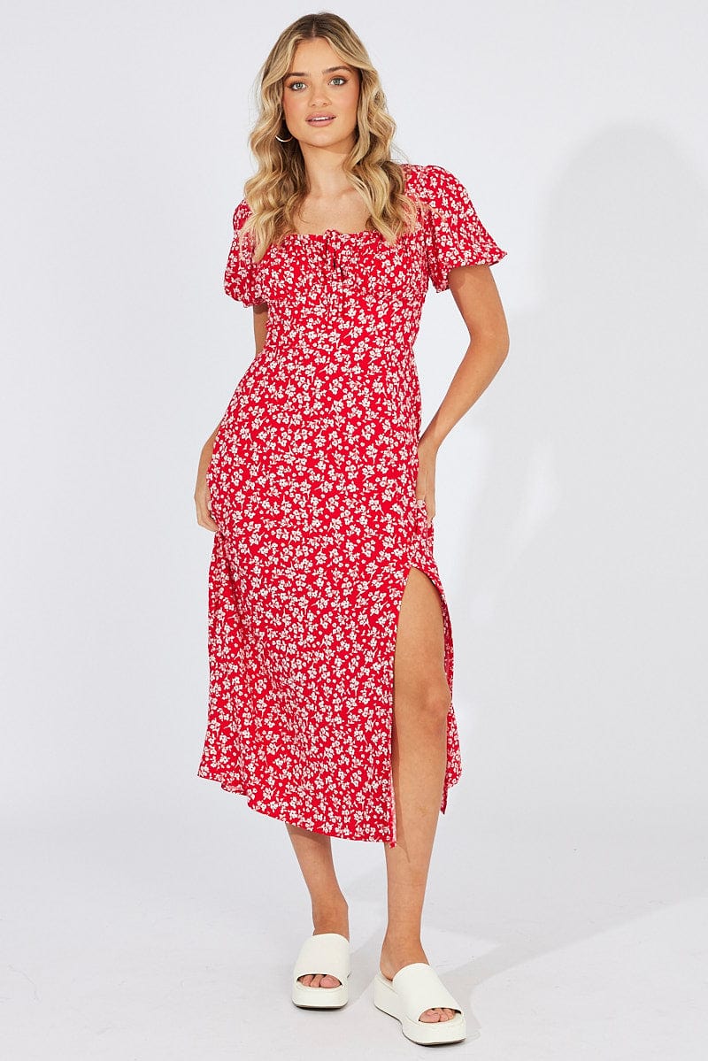 Red Ditsy Midi Dress Short Sleeve Ruched Bust for Ally Fashion