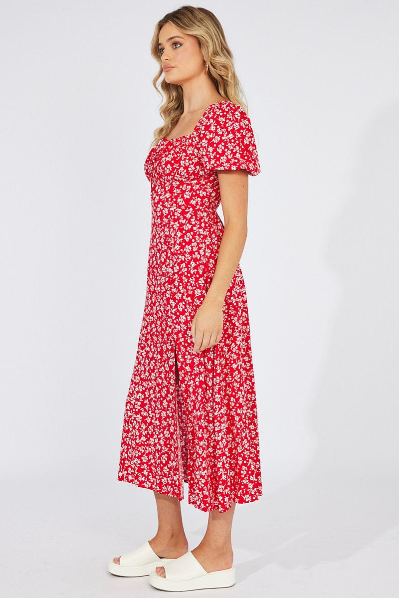 Red Ditsy Midi Dress Short Sleeve Ruched Bust for Ally Fashion